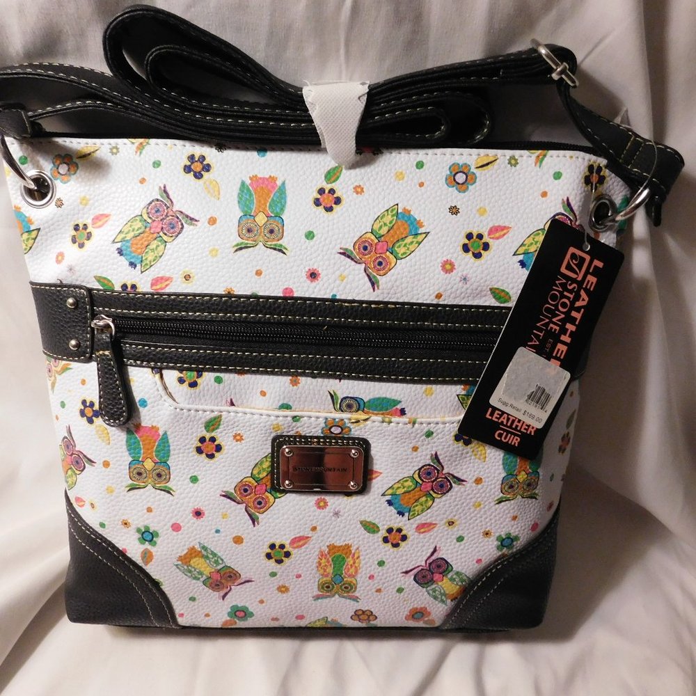 STONE MOUNTAIN LEATHER SHOULDER HANDBAG OWL PRINT NEW